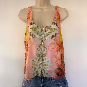Anthropologie KAS New York Pink and Green Floral Button Tank Top Size Small